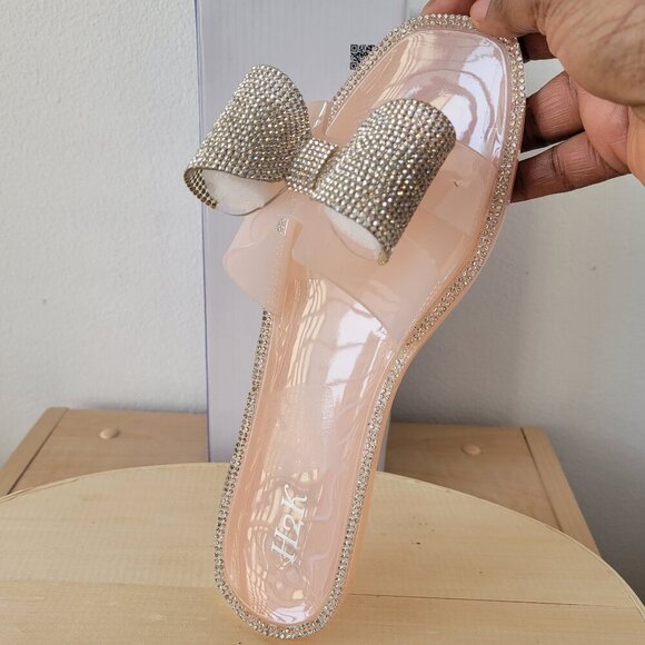 K2H Shoes - NWT - K2H Lucia Silver Bowtie Rhinestone Nude Slide Sandals (Size: 8)